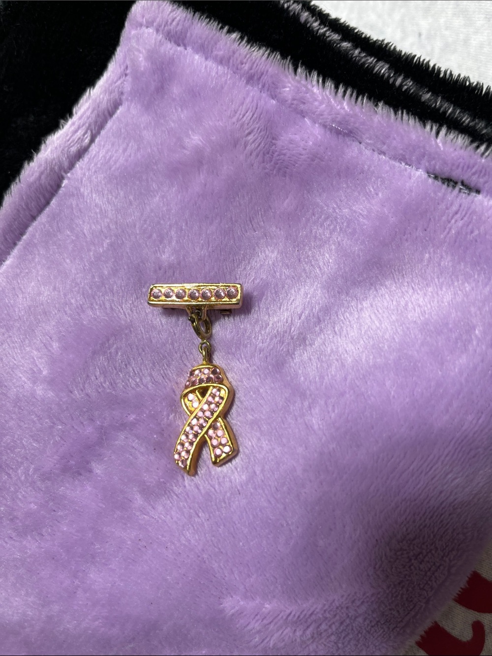 Estee Lauder Gold Ribbon Brooch with Pink Crystals